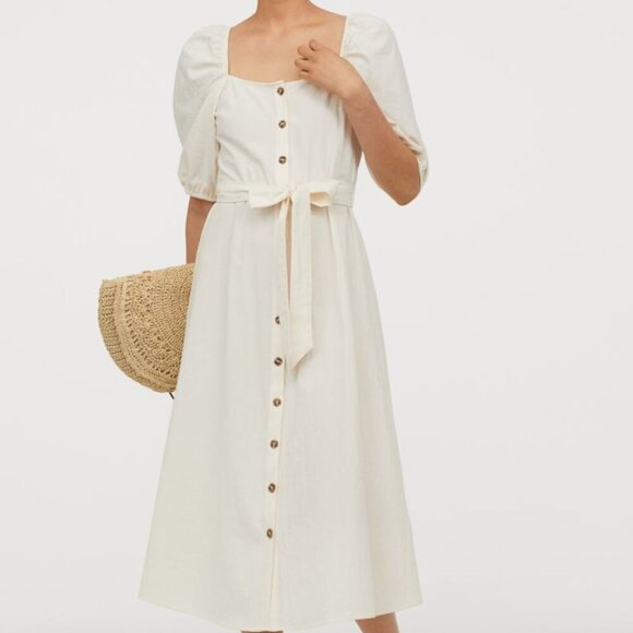 H&M Creped Cotton Midi Dress Women's Size XXS Beige - Picture 1 of 6